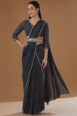 indigo georgette printed draped saree set