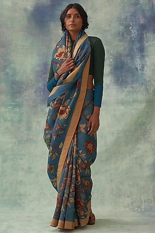 indigo hand painted saree set