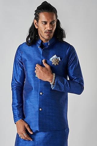 indigo poly raw silk printed bundi jacket