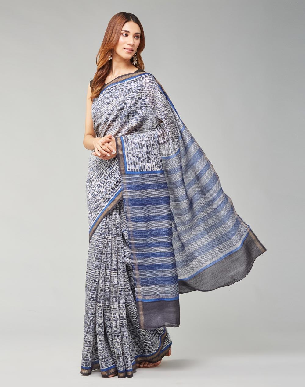 indigo silk hand block printed sari
