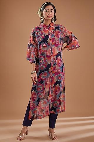 indigo viscose organza floral printed & sequins embroidered shirt tunic set