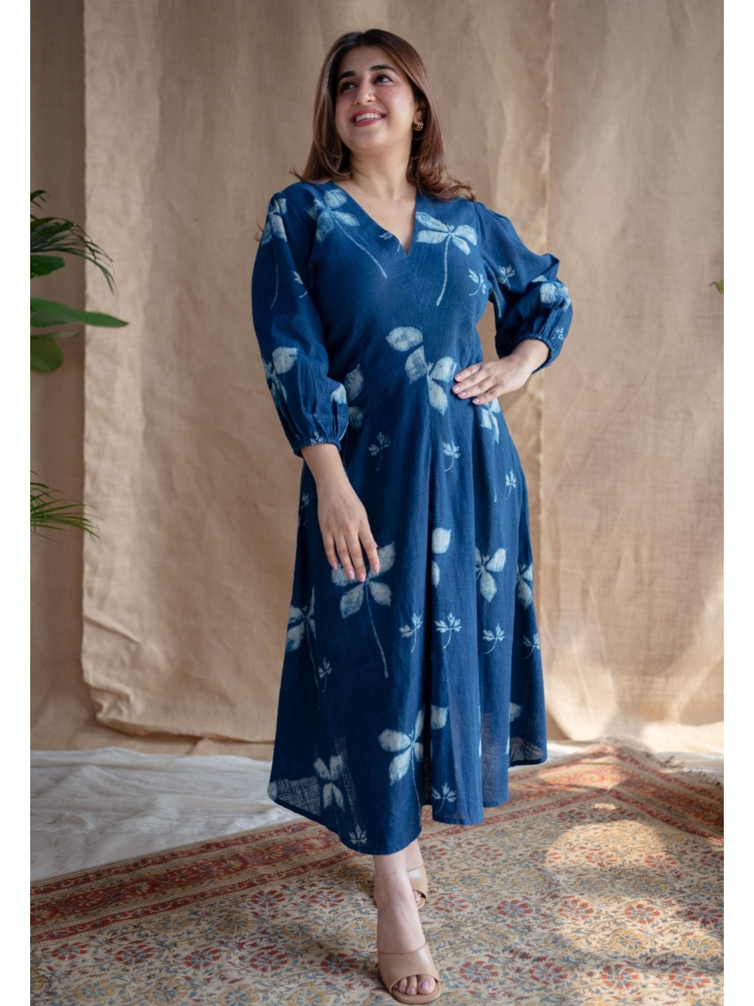 indigo a-line dabu slub cotton hand block printed midi dress