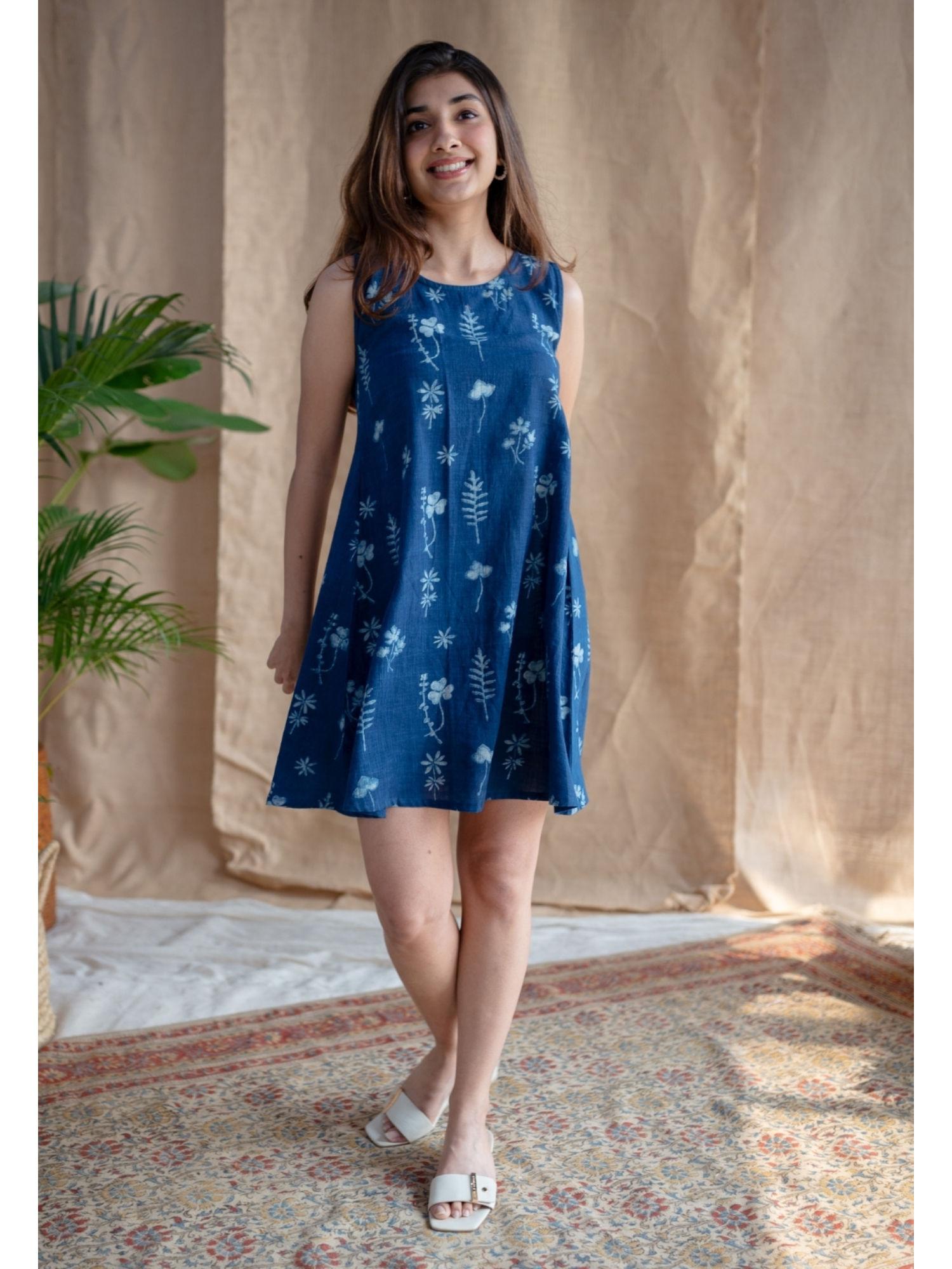 indigo a-line dabu slub cotton hand block printed mini dress