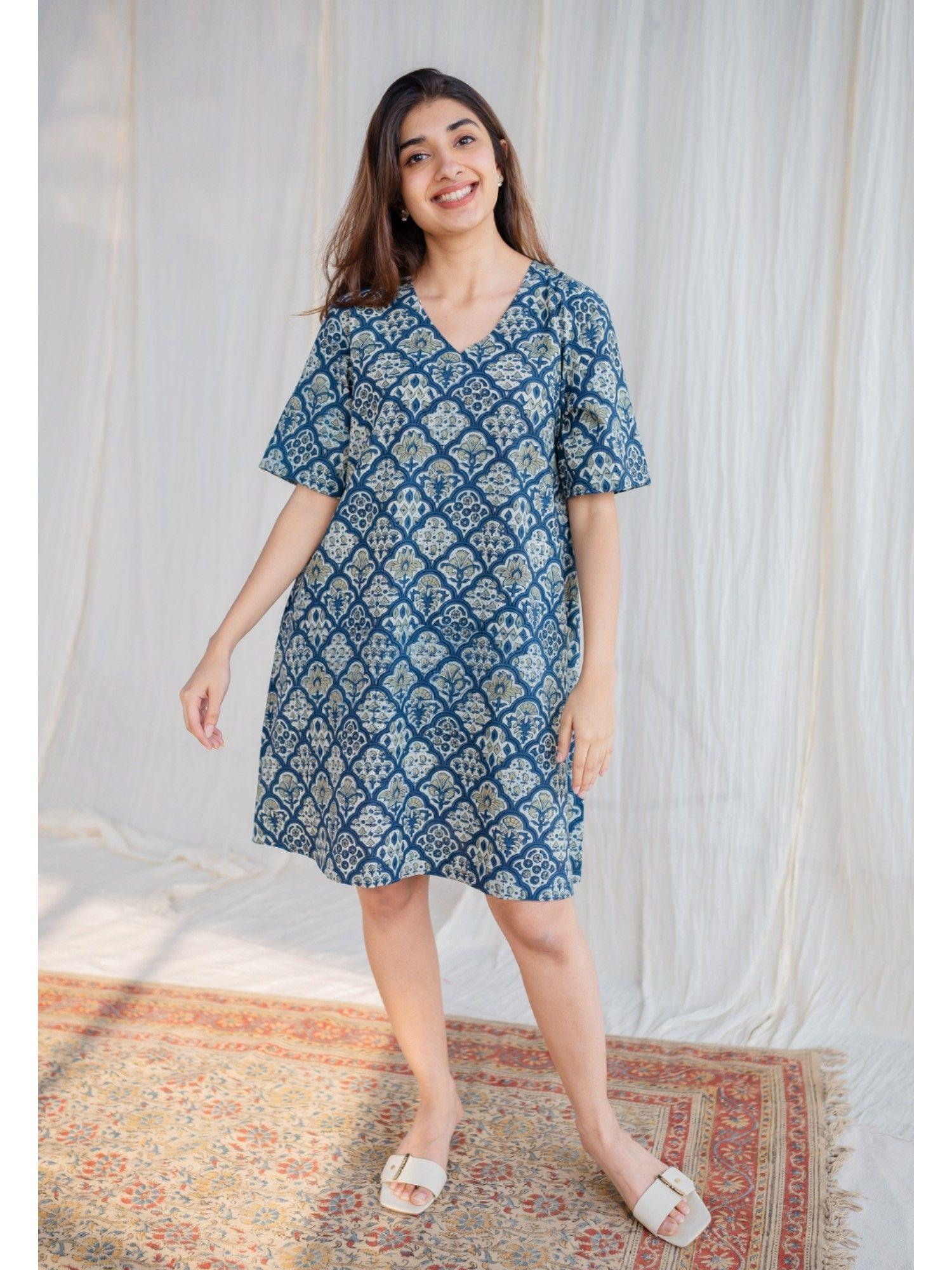 indigo ajrakh cotton knee dress