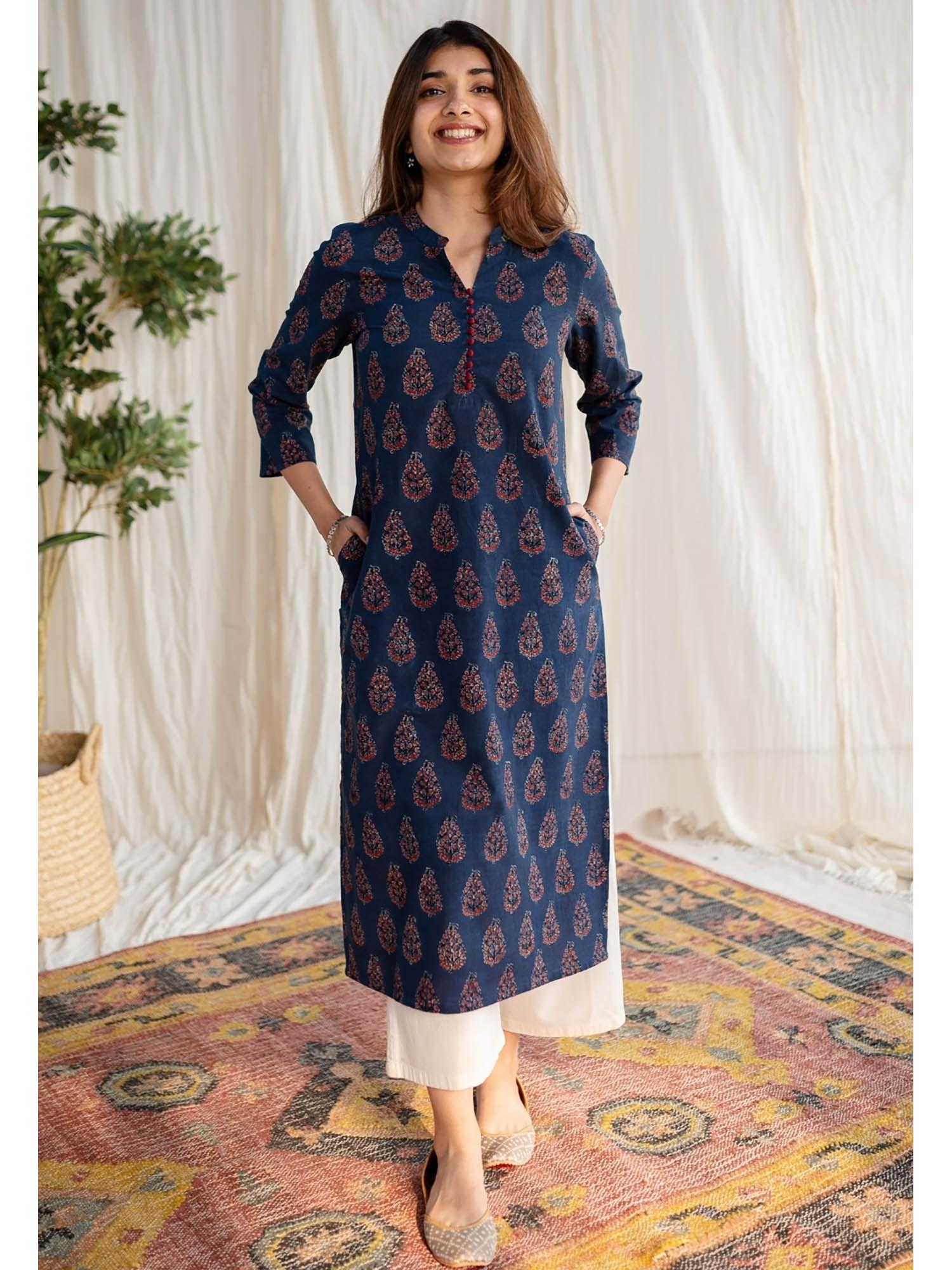 indigo ajrakh cotton kurta