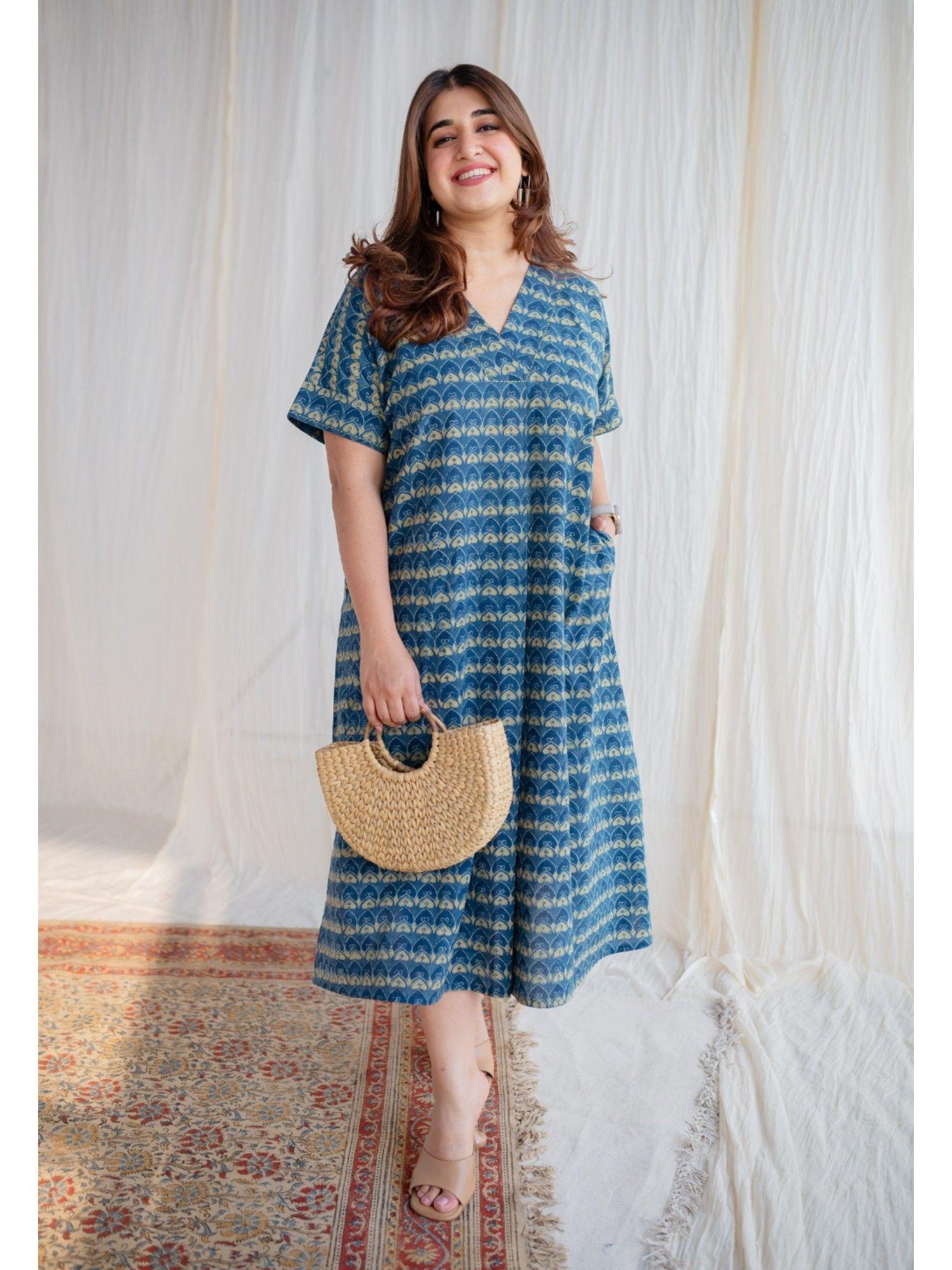 indigo ajrakh cotton midi dress