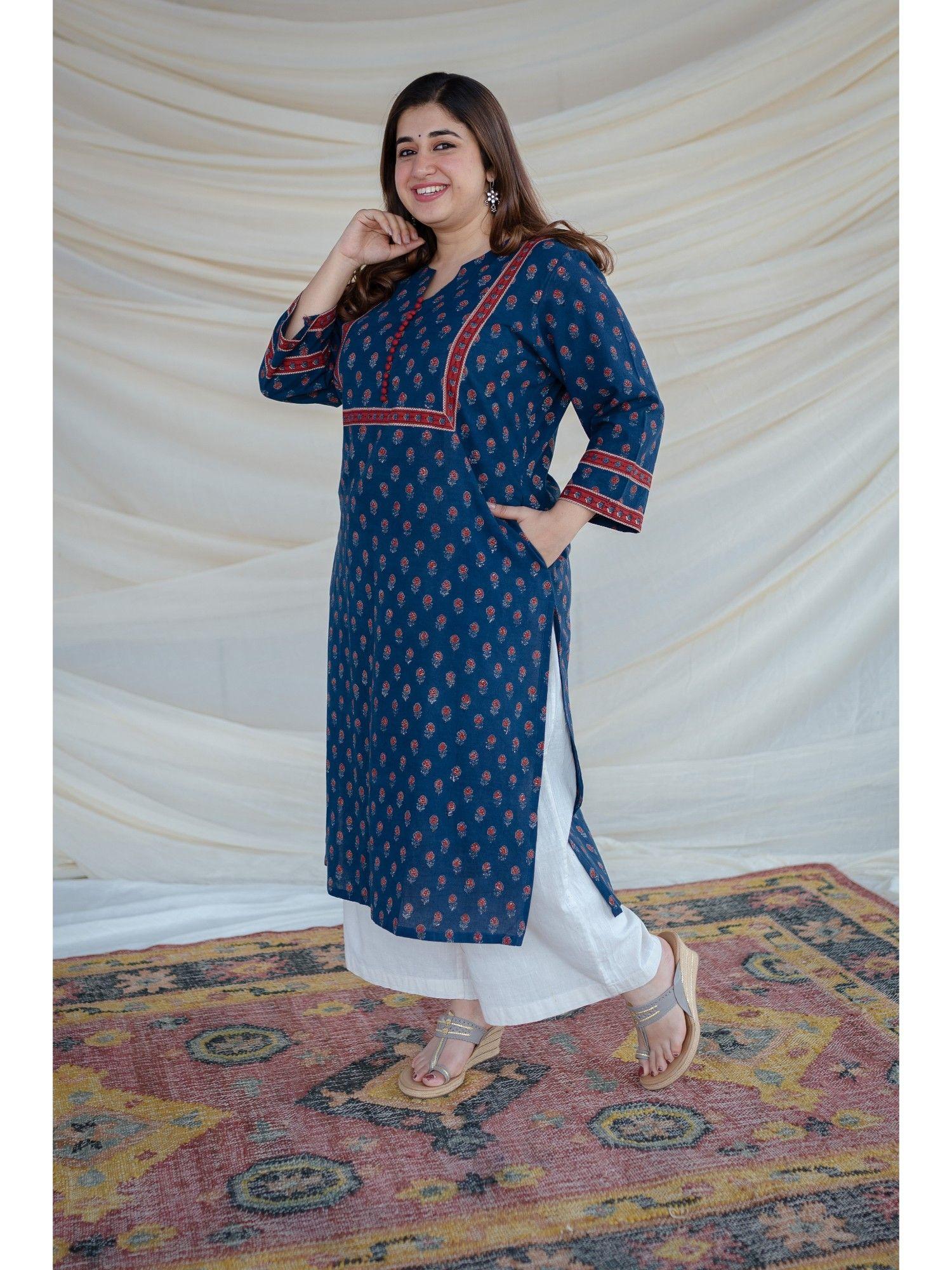 indigo ajrakh patchwork straight kurta