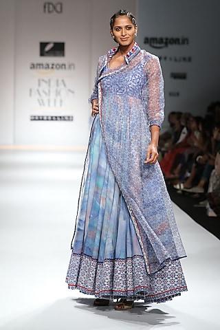 indigo and white block printed anarkali with jacket