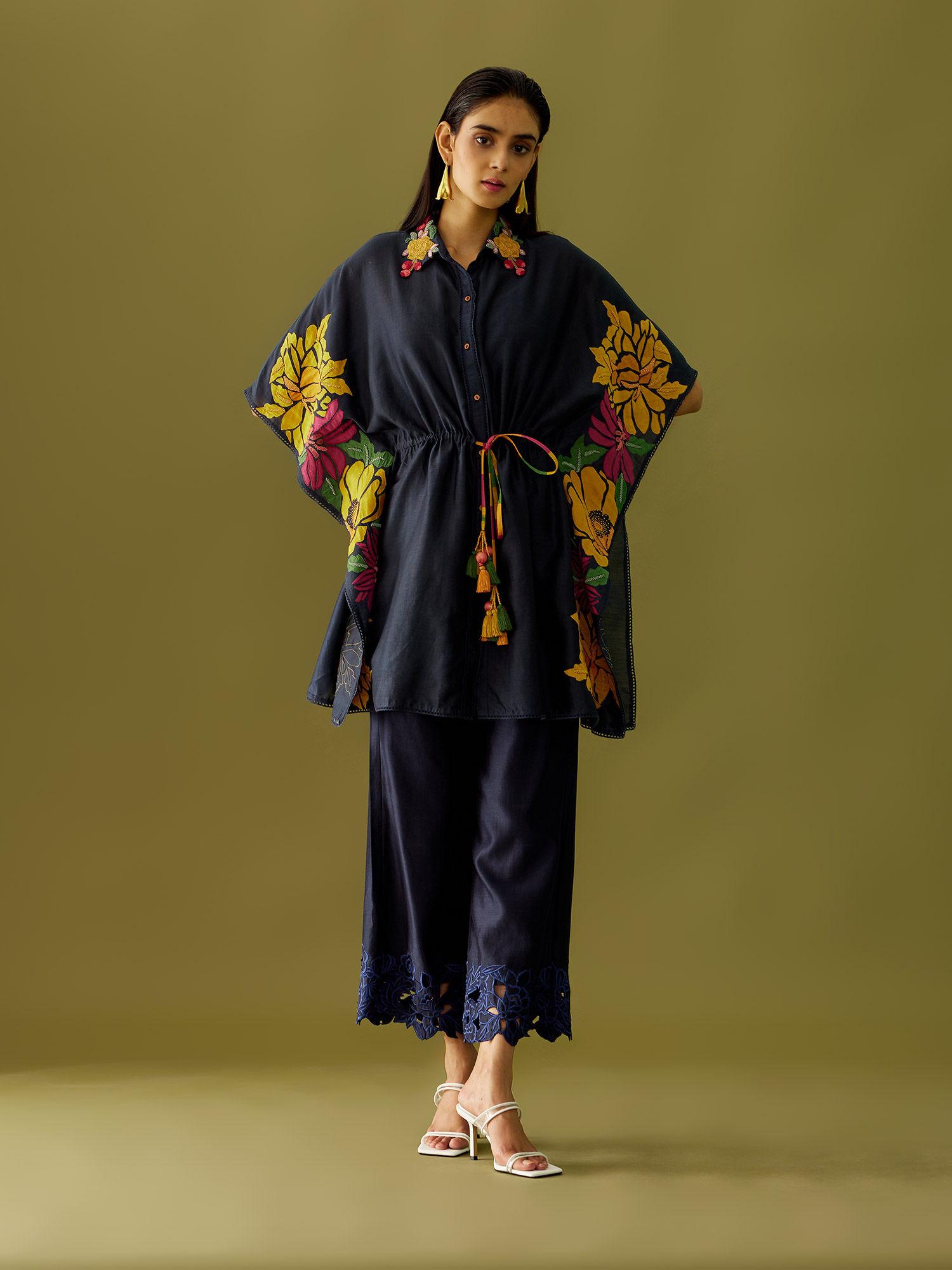 indigo applique and beadwork kaftan shirt