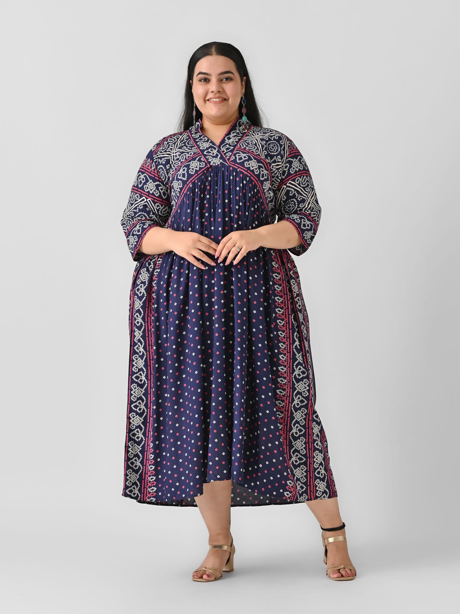 indigo bandhani v neck gathered dress