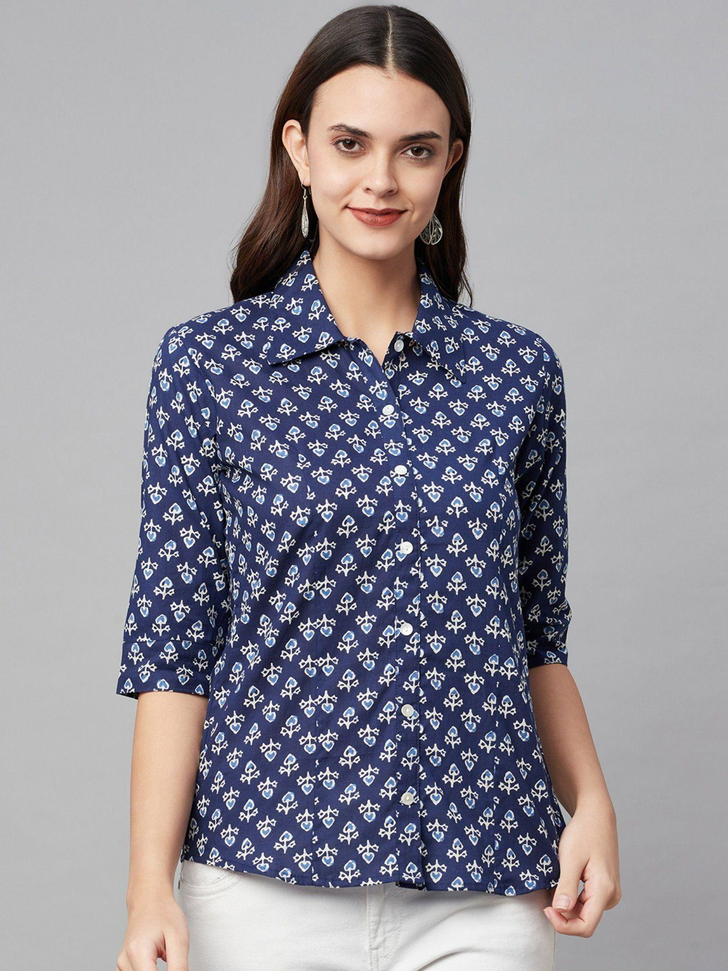 indigo block printed casual women shirt