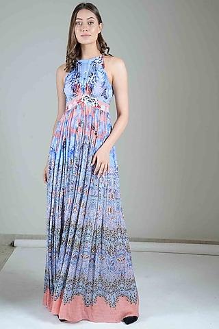 indigo bloom printed halter maxi dress