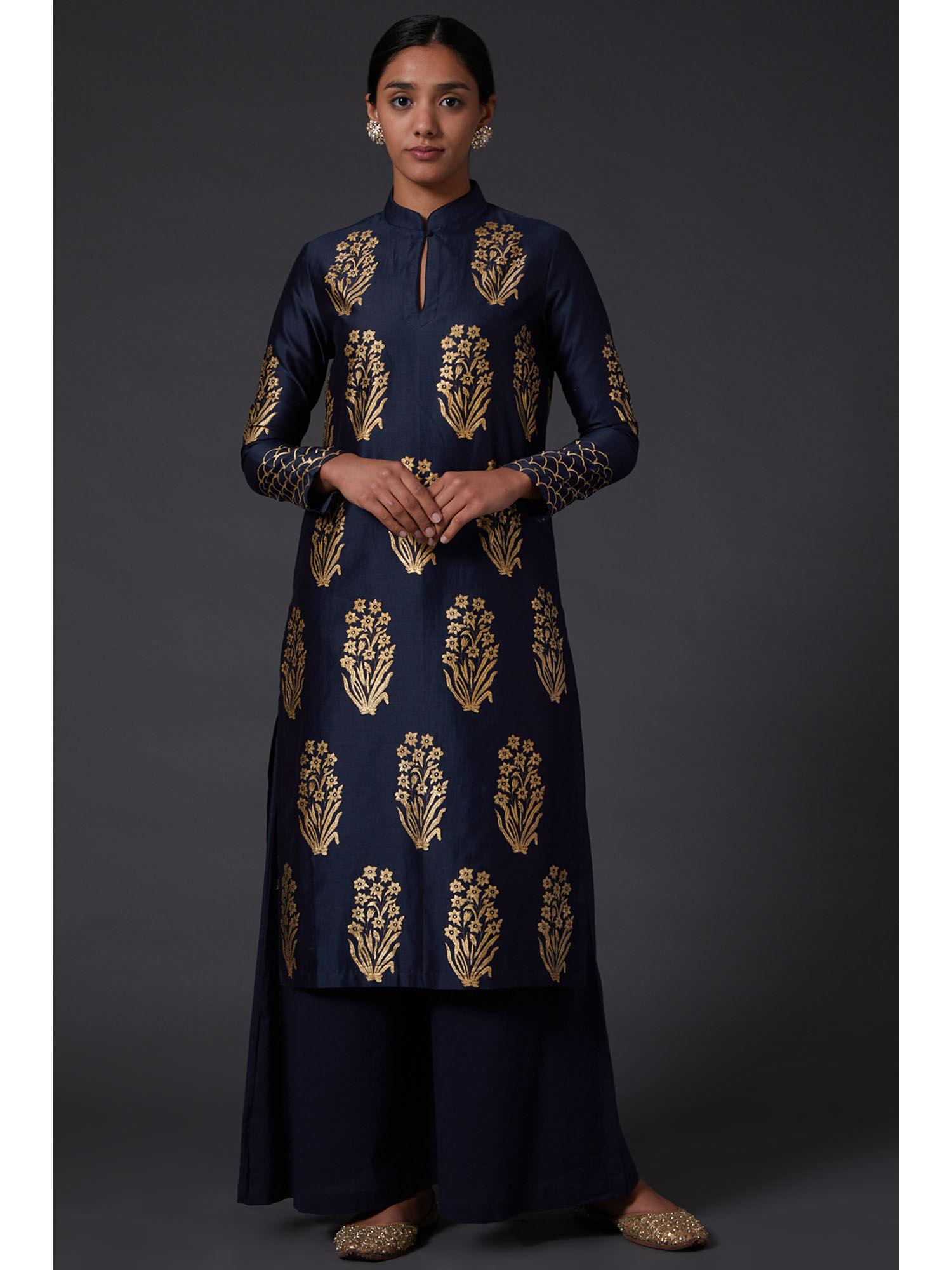 indigo blue & gold block printed kurta & palazzo (set of 2)