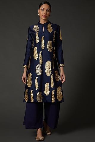 indigo blue & gold block printed kurta set
