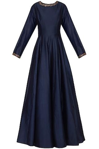 indigo blue anarkali gown with embroidered dupatta