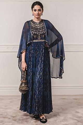 indigo blue anarkali set with attached cape