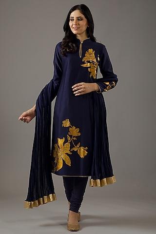 indigo blue chanderi silk printed kurta set