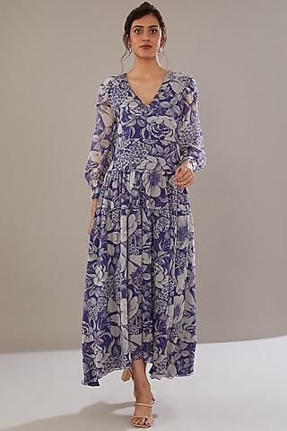 indigo blue chiffon floral printed dress