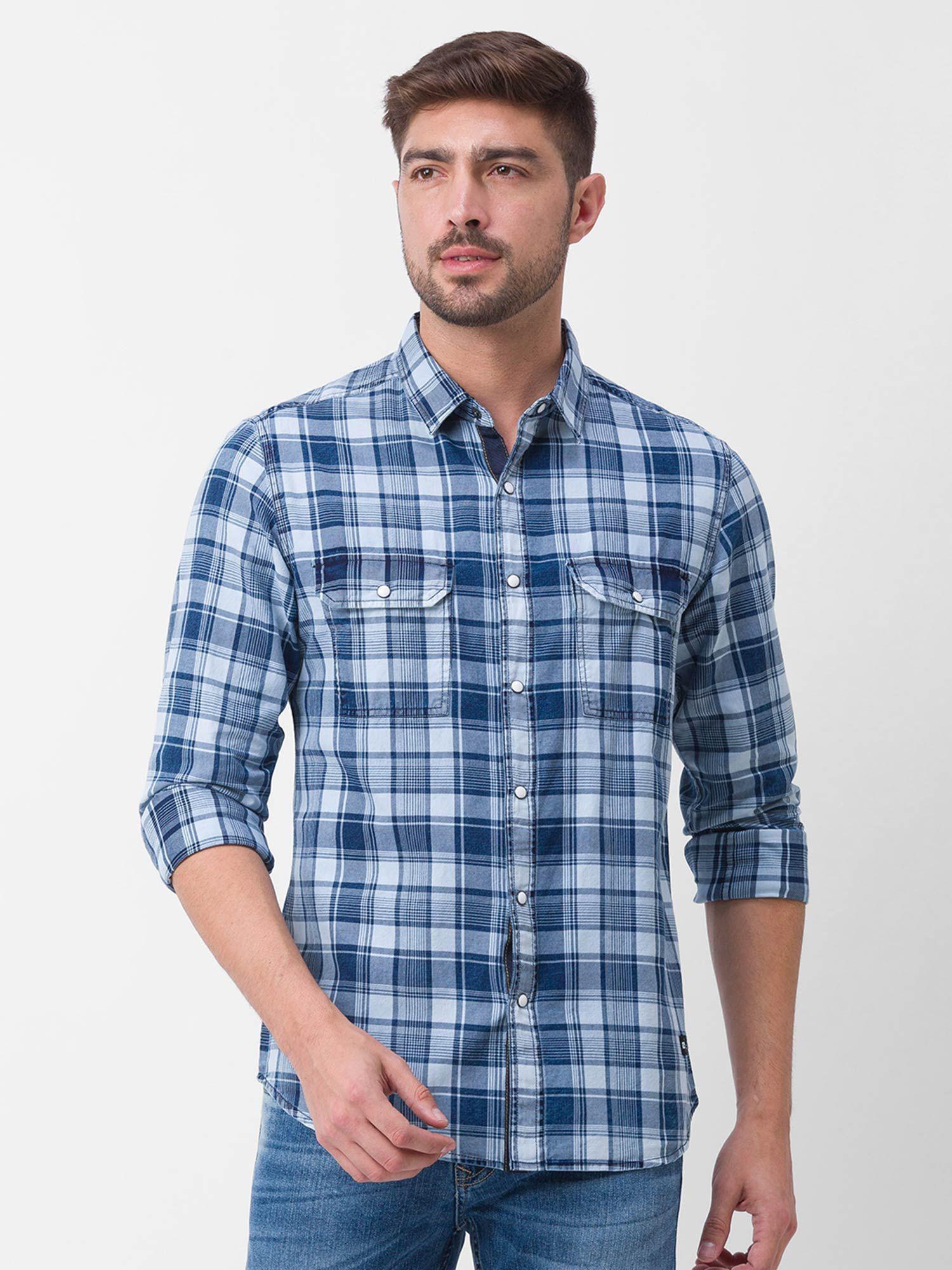 indigo blue cotton full sleeve checks shirt for men