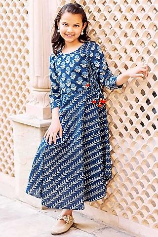indigo blue cotton printed angrakha dress for girls