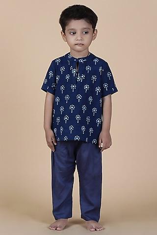 indigo blue cotton printed kurta set for boys