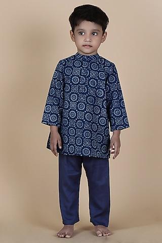 indigo blue cotton printed kurta set for boys