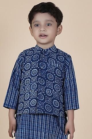 indigo blue cotton printed nehru jacket for boys