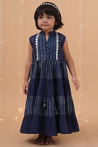 indigo blue cotton slub printed checkered flared dress for girls