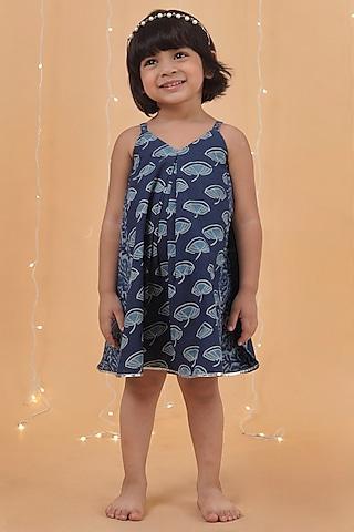 indigo blue cotton slub printed flared gathered dress for girls