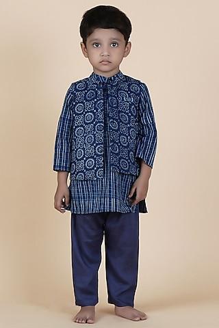 indigo blue cotton slub printed nehru jacket set for boys