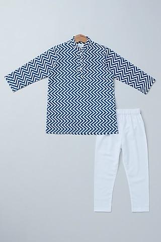 indigo blue cotton zig-zag geometric printed kurta set for boys