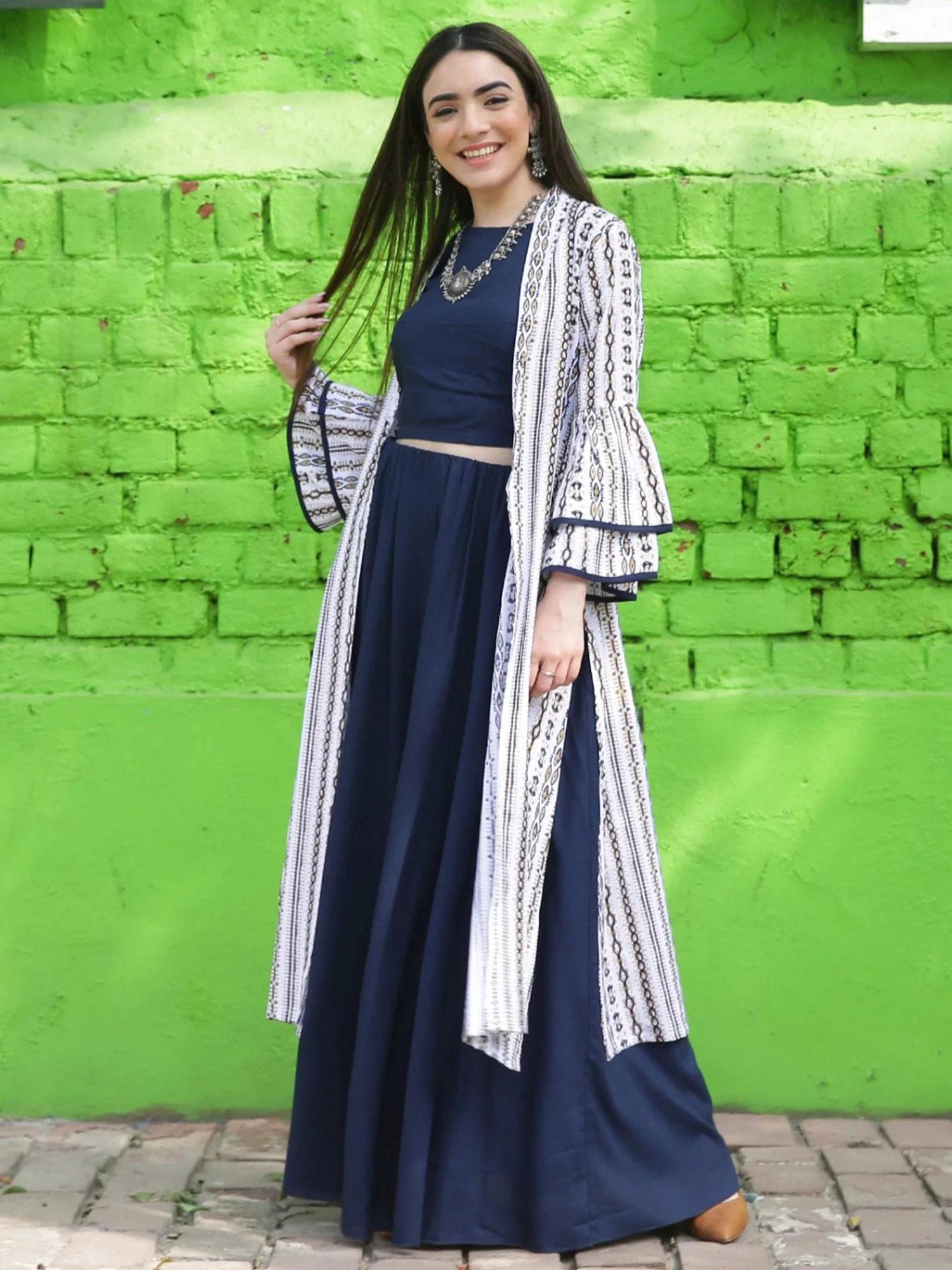 indigo blue crop top and skirt with tiered bell sleeves shrug (set of 3)