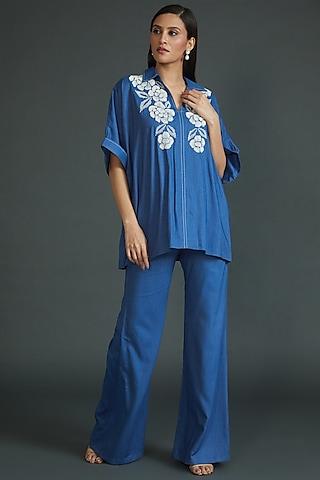 indigo blue denim embroidered tunic set