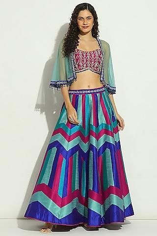 indigo blue dupion silk patchwork chevron striped jacket lehenga set