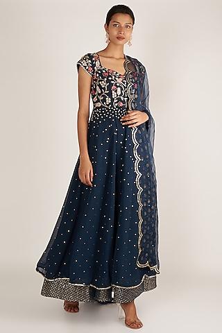 indigo blue embroidered anarkali set