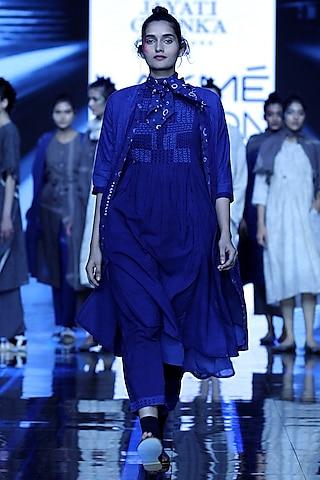 indigo blue embroidered dress with tunic & pants