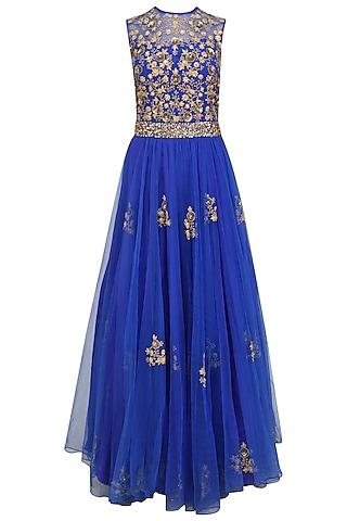 indigo blue embroidered floor length gown