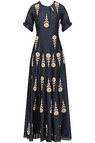 indigo blue embroidered motifs flared anarkali set