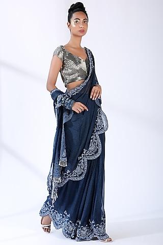 indigo blue embroidered saree set