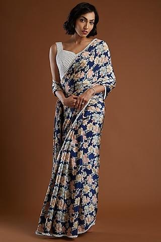 indigo blue embroidered saree with blouse
