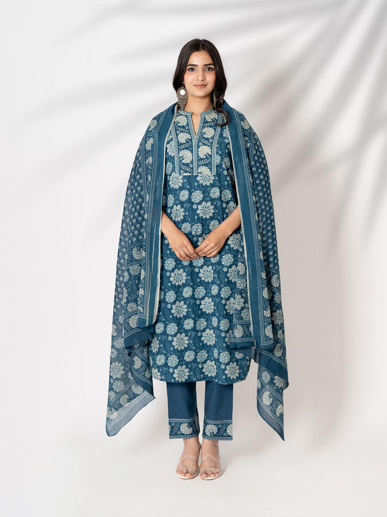indigo blue floral hand print cotton kurta with pants & dupatta (set of 3)