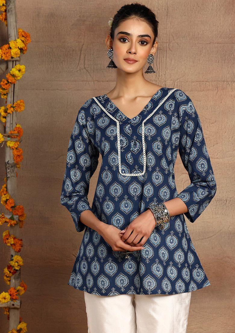 indigo blue floral print cotton short peplum kurta