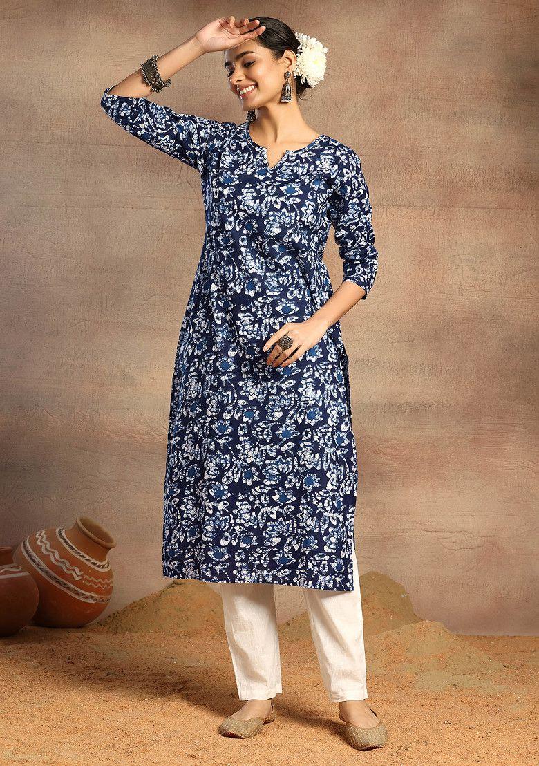 indigo blue floral print cotton straight kurta