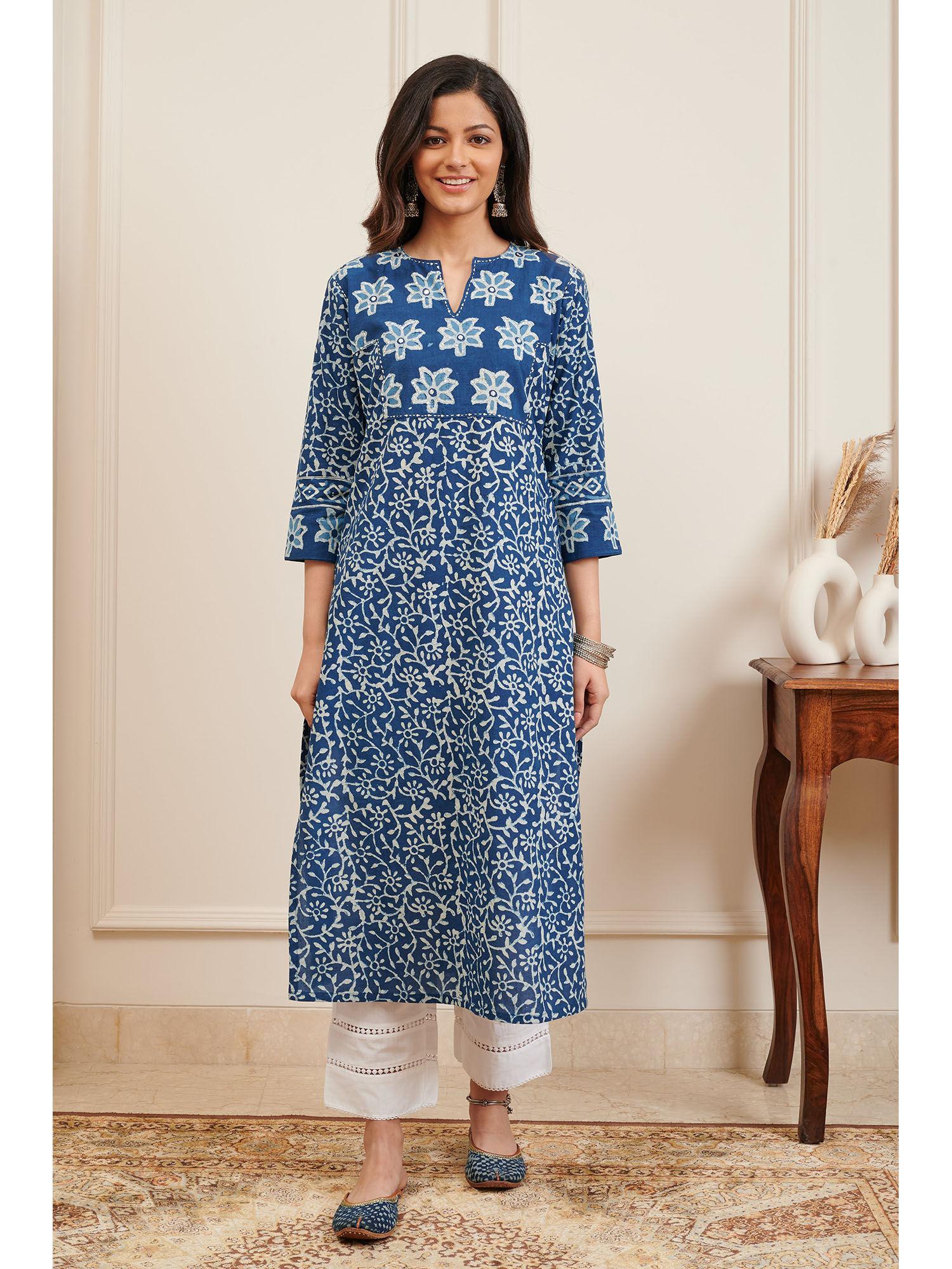 indigo blue hand block printed kurta