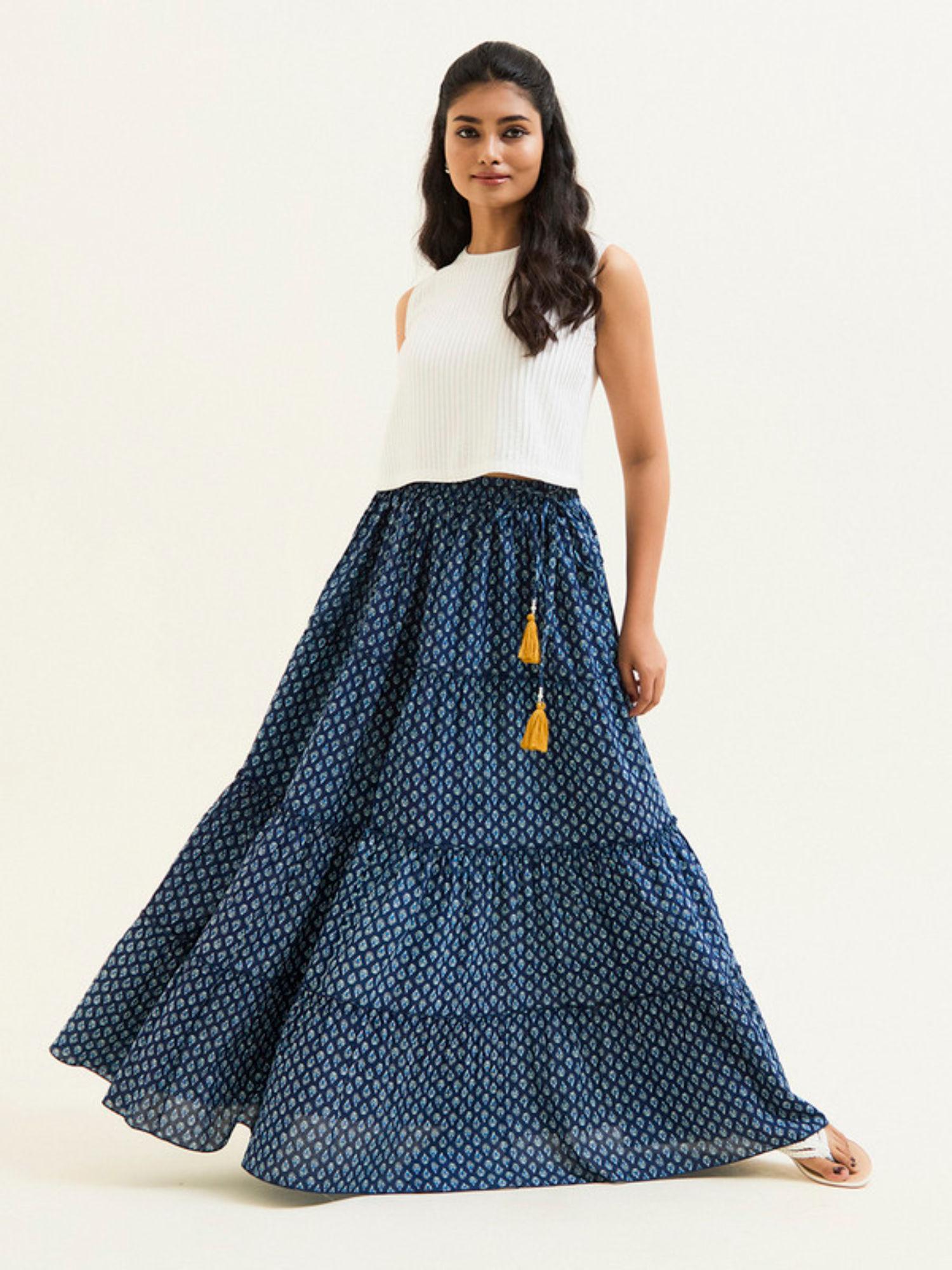 indigo blue handblock printed cotton skirt