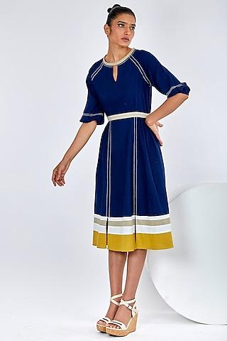 indigo blue handloom cotton midi dress