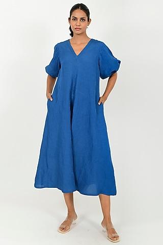 indigo blue linen blend dress