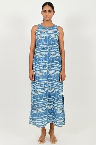 indigo blue linen blend printed dress