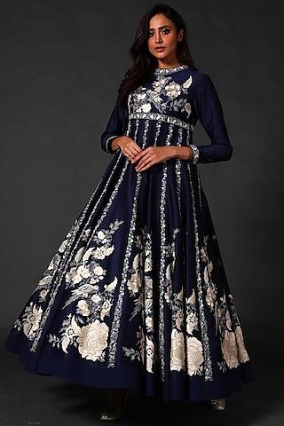 indigo blue machine embroidered anarkali set