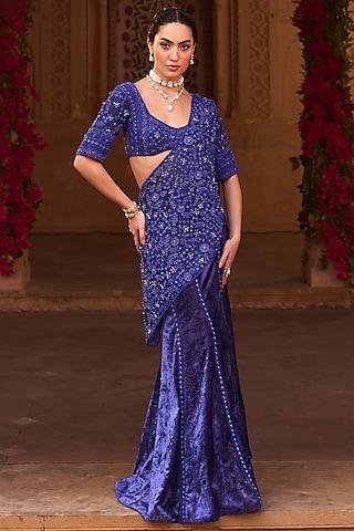 indigo blue organza & silk velvet beads embroidered fish cut draped saree set